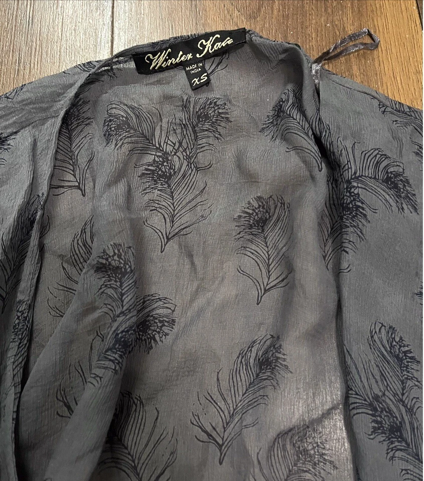 Winter Kate Open Kimono 100% Silk XS Summer CoverUp Blue/Grey Feather Pattern - Image 2 of 3