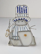 WHIMSICAL GLASS & METAL CHRISTMAS SNOWMAN VOTIVE / TEALIGHT HOLDER ~ 5" TALL