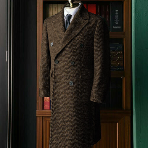 Herringbone Men Overcoat Double Breasted Business Tweed Long