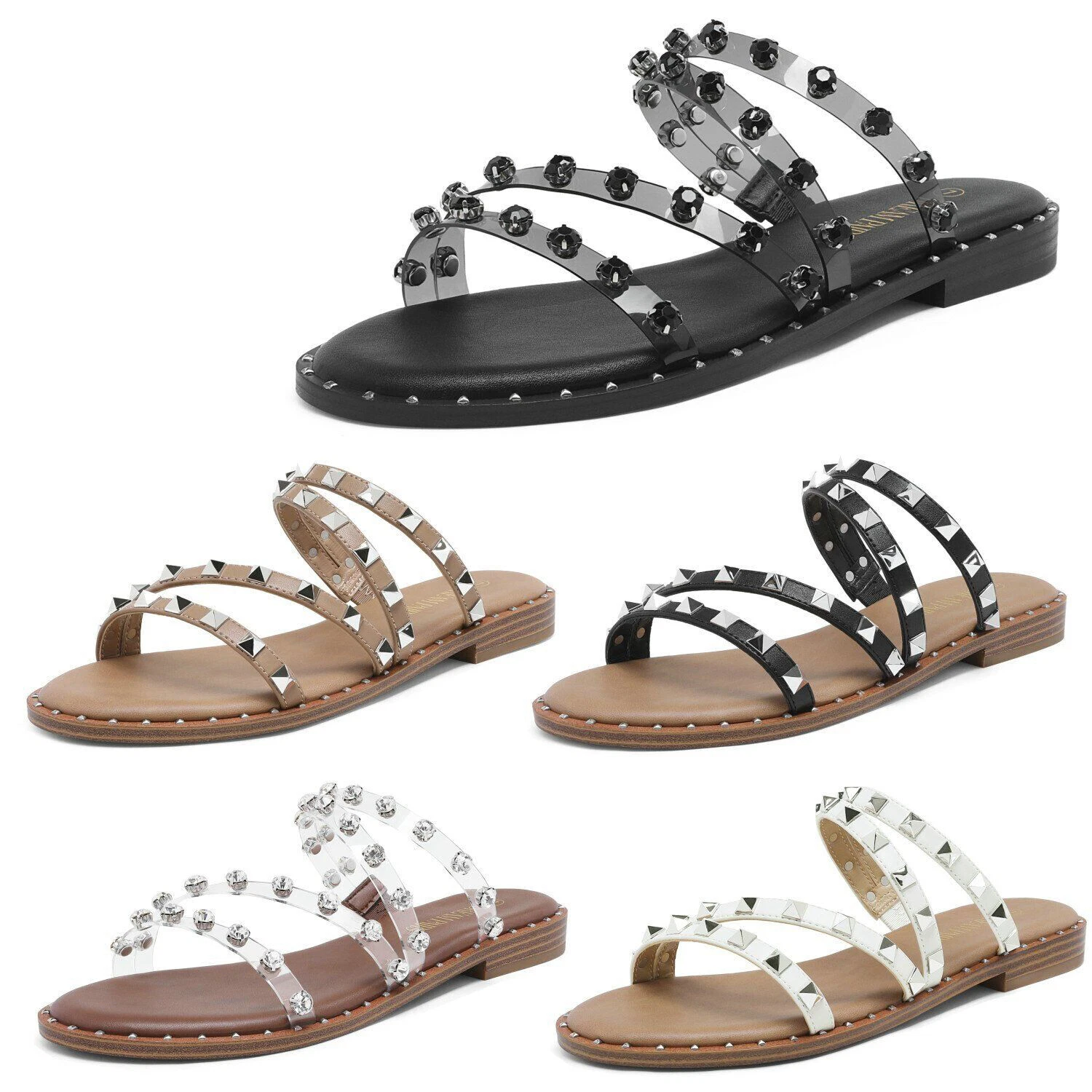Women Open Toe Slide Sandals Rhinestone Strappy Summer Beach Sandal
