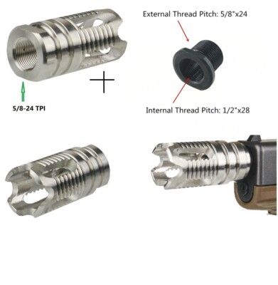 Stainless Steel Muzzle Brake 1/2x28 & 5/8x24 TPI Combo w/ Thread Adapter For 9mm