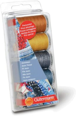 Gutermann Fadenset Jeans 3 Spulen x 100m, 2 Spulen x 200m - Blau & Gold 