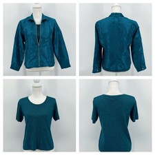 Draper & Damons Womens Petite S Jacquard Jacket Metallic Knit Set Turquoise Teal
