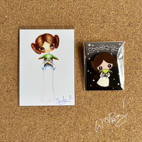 2020 SYBILE ART Star Wars Leia & Baby Yoda ACEO Card + Retired Enamel Pin