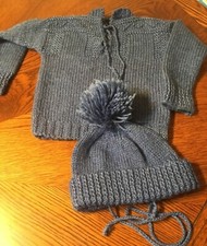Vintage Childrens Hand Knit Dusty Blue Sweater w/ Matching Pom Pom Hat