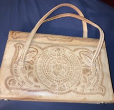 Vintage 70s Beautiful Tooled Embossed Light Tan Leather Tote Purse Bag