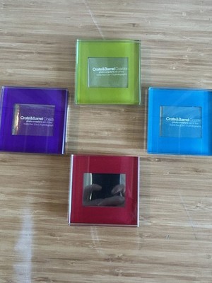 CRATE AND BARREL JEWEL PHOTO COASTERS SET OF 4  WITH ESPRESSO WOOD HOLDER