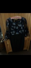 Adrianna Papell Floral Embroidered Mesh Sheath Dress Bell Sleeves Navy Blue 12