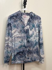 Aladdin Abstract Marble Print Long Sleeve Blouse Blue Teal Women’s 22 USA Made