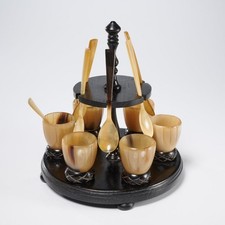 Vintage Carved Horn Soft Boiled Egg Breakfast Cups Spoons Wood Stand Set