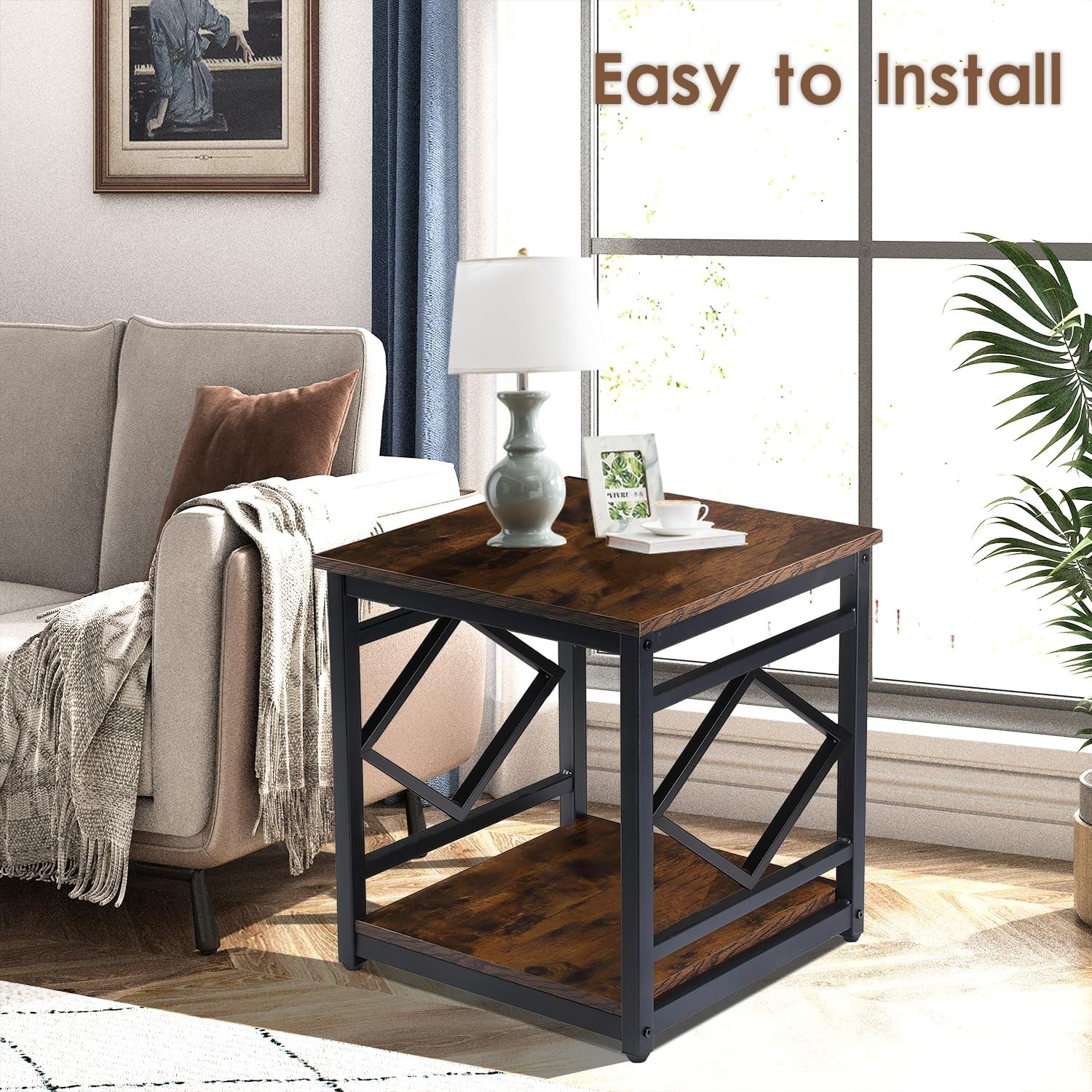 Rustic Mini Fridge Stand Table with 2-Tier Storage for Home & Office Use