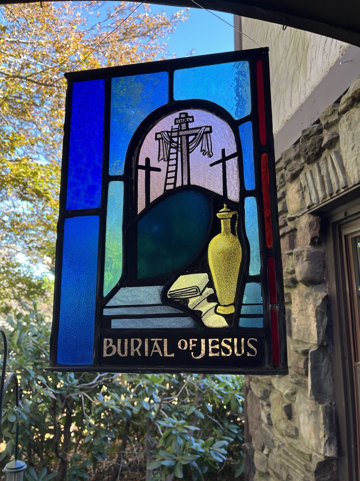 ANTIQUE CHURCH WINDOW "the BURIAL of JESUS" PAINTED FIRED GLASS early 1940s NYC