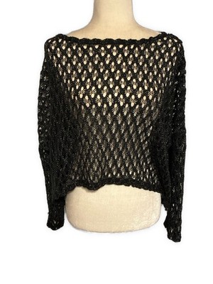 qed london black knit metallic Long Sleeve sweater Oversized Crop Medium Large