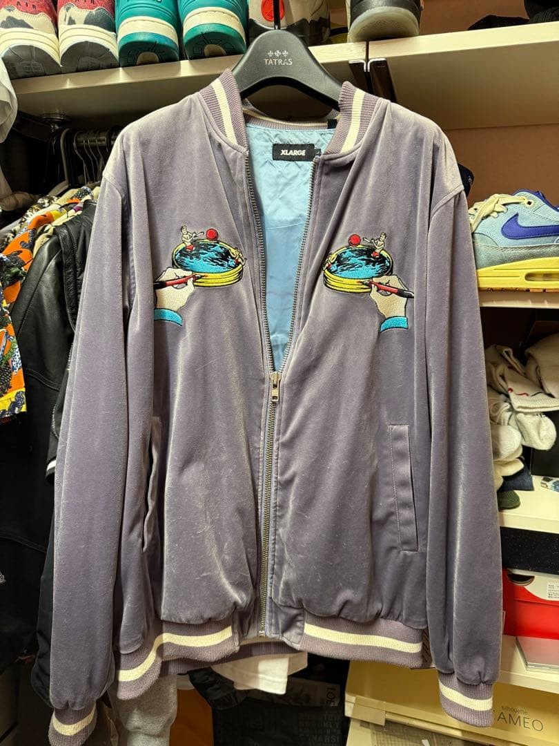 XLARGE Gray Satin Sukajan L embroidered jacket, colorful front and logo back