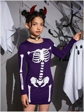 Girls Skeleton Halloween Dress Long Sleeve Bodycon Costume Party Dress