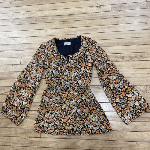 100% Synthetics Vtg 70s Hippie Tunic Women 38 Bell Sleeve Orange Green Floral - Picture 23 of 23