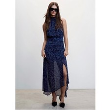 MANGO MNG HALTER-NECK Polka Dot MAXI DRESS Womens US 4 NAVY WHITE