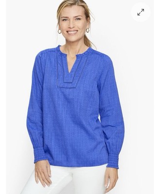 Talbots Smocked Top Women s Blue Swiss Dot Peasant Cottage Chic Career Sz XL