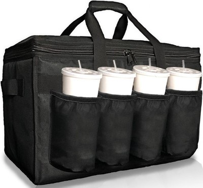 FRESHIE Insulated Food Delivery Bag with Cup Holders/Drink Carriers 1, Black 