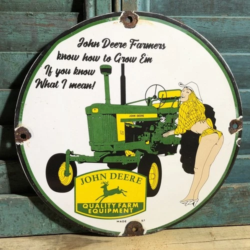 VINTAGE 1957 DATED JOHN DEERE FARM EQUIPMENT TRACTORS 10” PORCELAIN GAS OIL SIGN