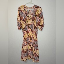 Rails Fiorella Dress in Painted Floral Smocked Waist Crinkle Fabric Peasant M