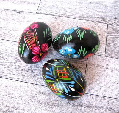 Set of 3 Vintage Hand Painted Eggs Black w/Floral Designs Polish Folk Art Easter