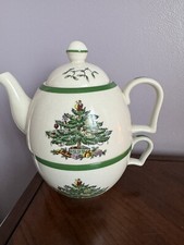 Spode CHRISTMAS TREE 3 Piece Teapot With Lid and Cup Stackable TEA for ONE