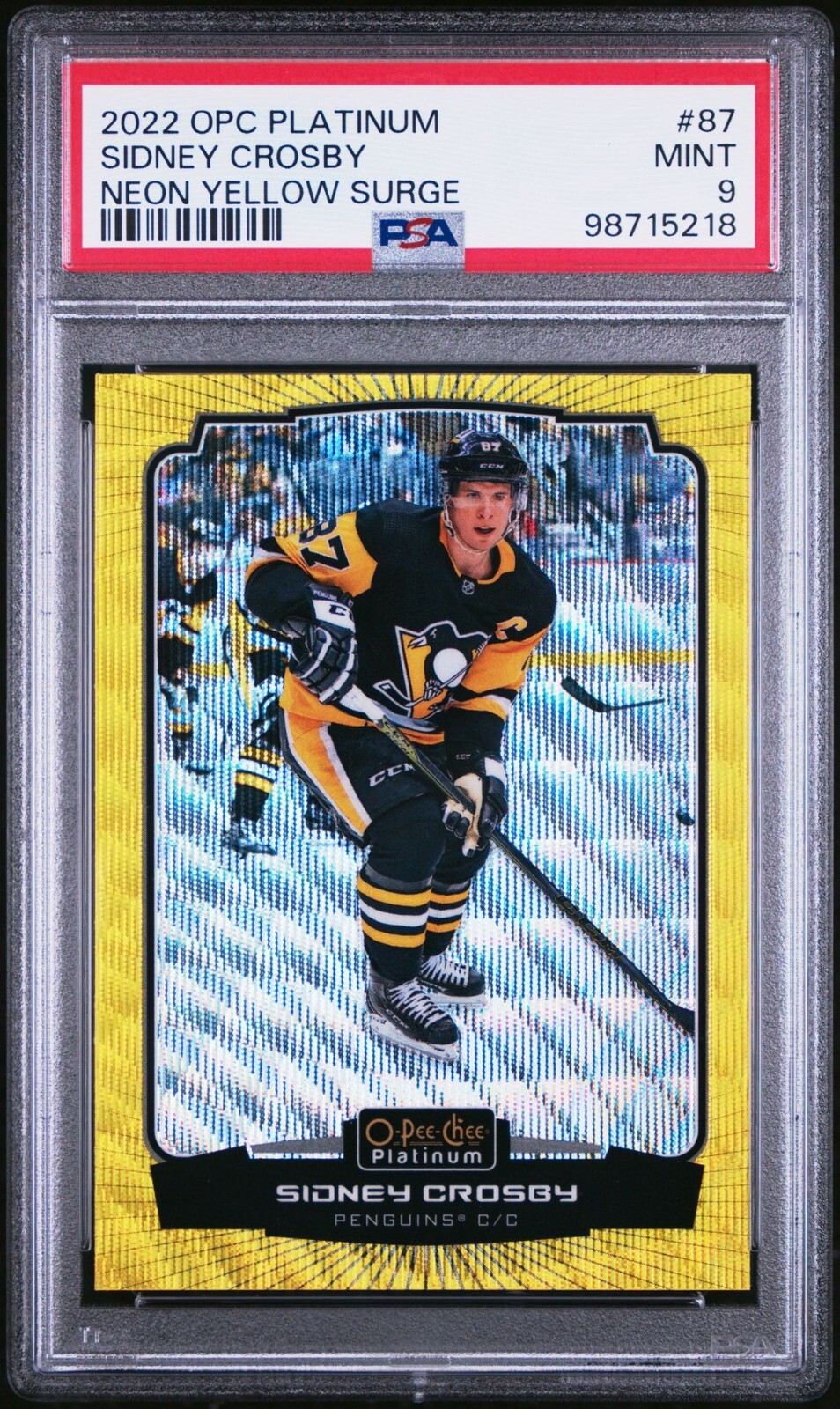2022 O-PEE-CHEE PLATINUM 87 SIDNEY CROSBY NEON YELLOW SURGE PSA 9 First Pop