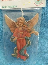 New Vintage Kurt S Adler 2 Sided Wood Angel Playing Violin Christmas Ornament 6"