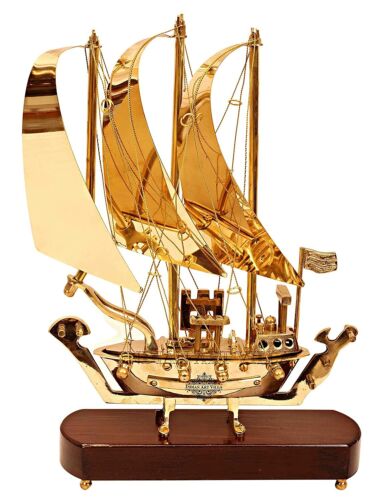 Brass Ship With Wood Base Showpiece Item Perfect For Home Decor & Poison-