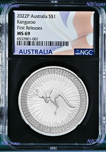 2022 P Australia Silver Kangaroo NGC MS69 $1 1oz Coin FR Flag Label Black Core