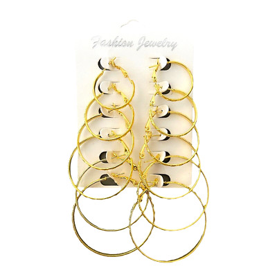 6 Pairs Hoop Pierced Earrings Diamond Etched Edges Assorted Size