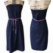 Pinstripe Strapless Dress with Tie Waist Womens size 7 Black Pink Knee Length