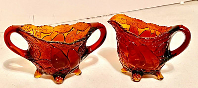 Tiara Indiana Glass Burnt Honey Amber, Sugar Bowl & Creamer Pitcher Pears