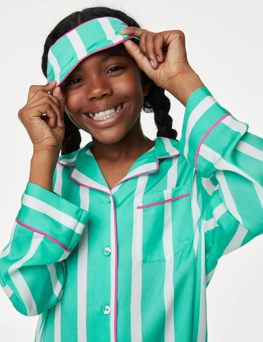 RRP 25 M S COLLECTION Girls Satin Striped Pyjamas with Eye Mask