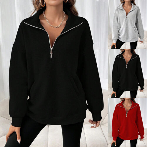 Womens Solid Turn-down Collar Long Sleeve Pullovers Top Ladies Zip Blouse Hoodie