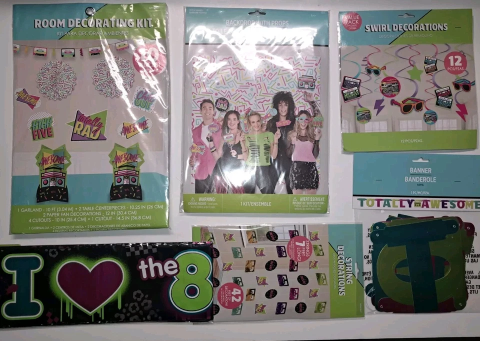 Mega lote de pancartas accesorios colgantes kit fiesta retro años 80 decoraciones fiesta años 80 NUEVO Foto 4 de 4