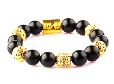 Natürlicher schwarzer Perlen Lavastein. Luxus Edelstein Gold Perlen Armband. (Herren/Damen)