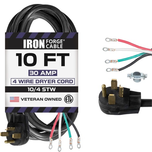 4 Prong Dryer Cord 10 ft, 10/4 NEMA 14-30 Plug 30 Amp for Dryer & EV with Rin...