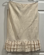 Lauren Ralph Lauren Silk Linen Skirt Ruffle Hem Back Zip Lined Ivory Sz 10