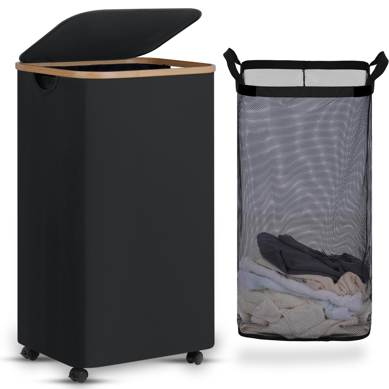 Laundry Basket with Wheels, Tall Rolling Laundry Hamper with Lid and Removable