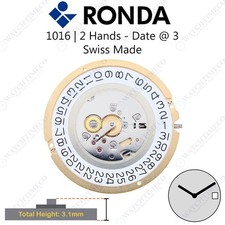 Genuine Ronda 1016 Watch Movement Swiss Made 2 Hands, Date at 3