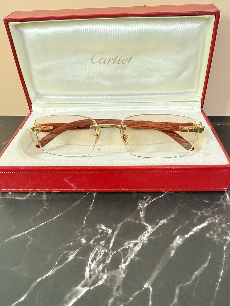 Authentic rare Used Cartier Sunglasses, Wood Rimless C Decor Gold