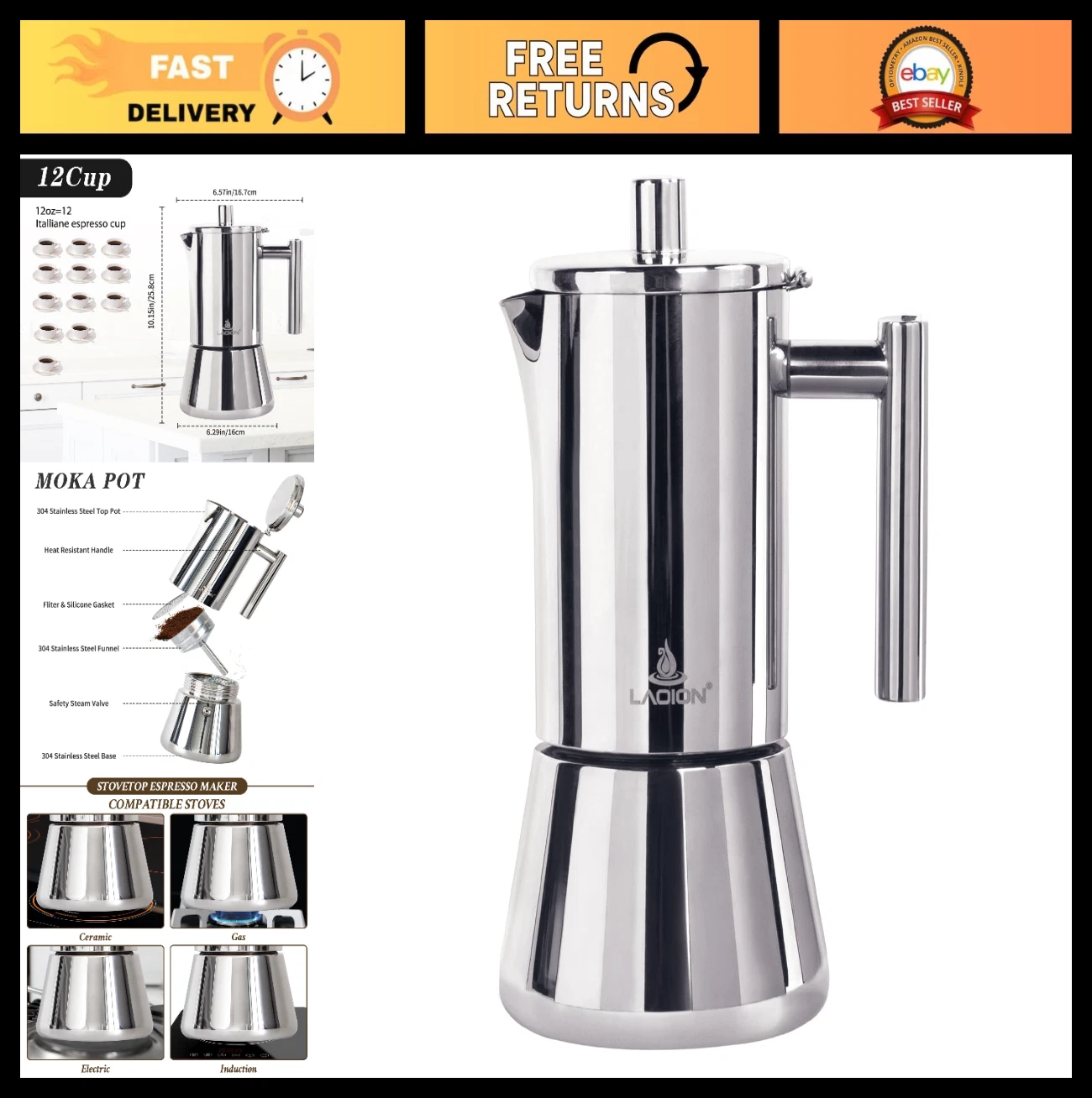 12-Cup Moka Pot Espresso Maker - Stainless Steel Induction Coffee Maker, Travel