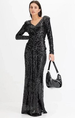 FREEMANS Pailletten-Umstands Abendkleid mit Raffung Schwarz UK 14 (fm269-3)