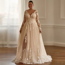Champagne Wedding Dresses Plus Size Customized V Neck Long Sleeves Applique
