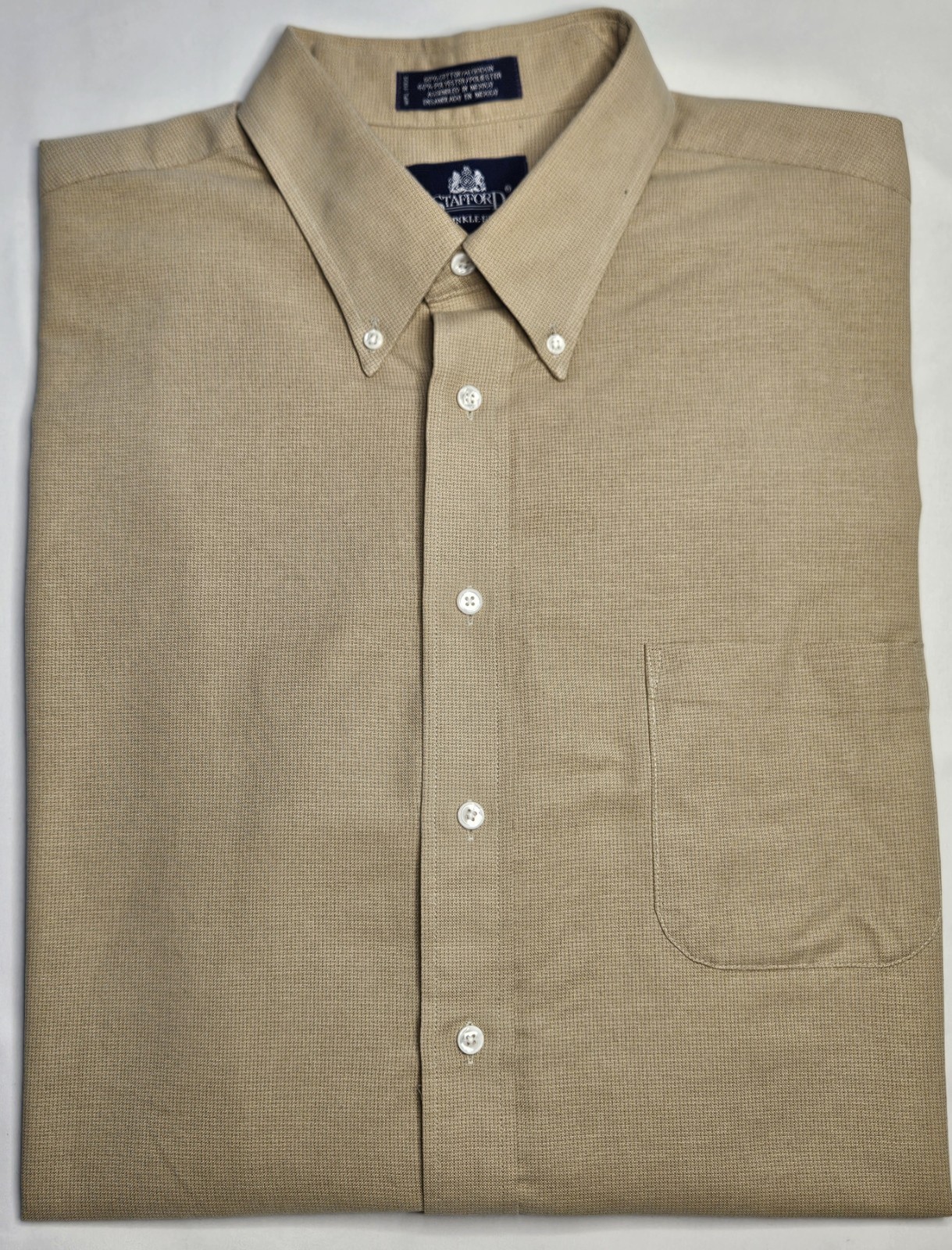 Mens Stafford Wrinkle Free Long Sleeve Tan Button Up Shirt Size 17 1/2 34-35