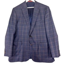 Cremieux Blazer Mens 48L Blue Plaid Norman-R 100% Wool Sport Coat Made Canada