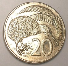 1986 New Zealand 20 Cents Kiwi Bird Coin VF+