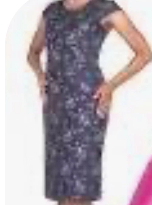 Champagne 2pc Long Jacket & Dress Set W/ Rhinestone Clasp Size  14 Fushia & Navy - Image 4 of 4